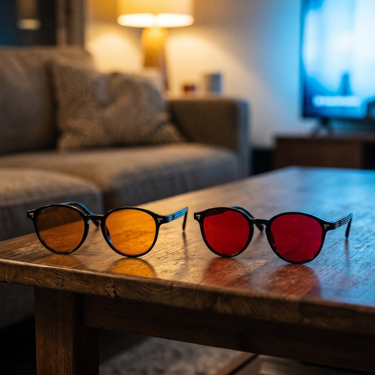 Le duo moodim orange et rouge sur une table basse, le soir