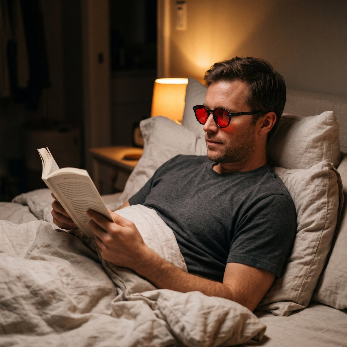 Lecture au lit avec les lunettes moodim à verres rouges