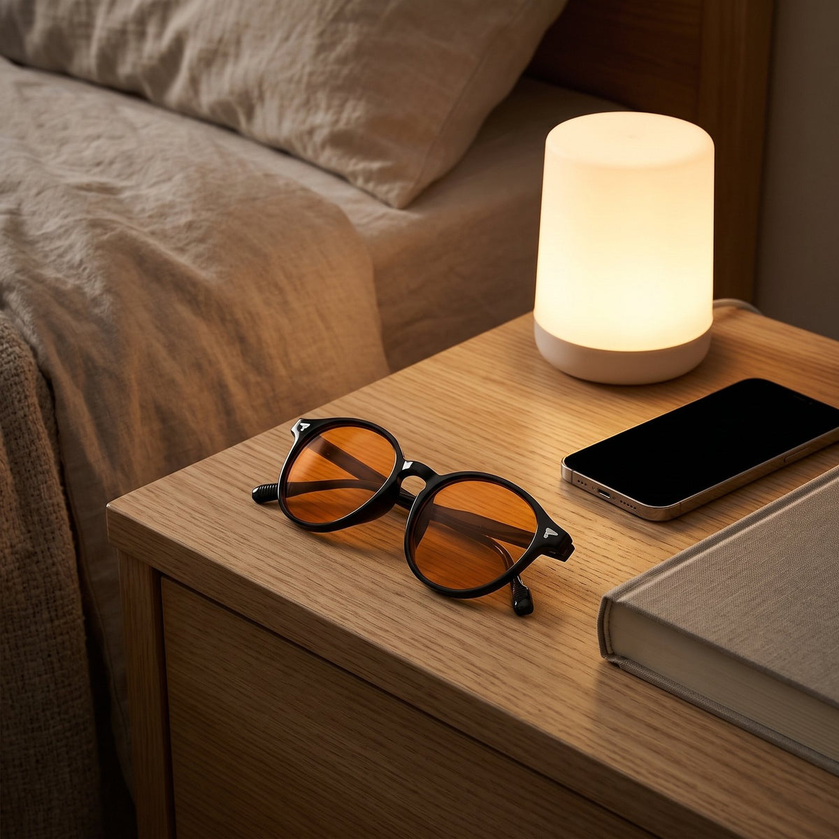 Lunettes moodim à verres orange posées sur une table de nuit, lampe tamisée