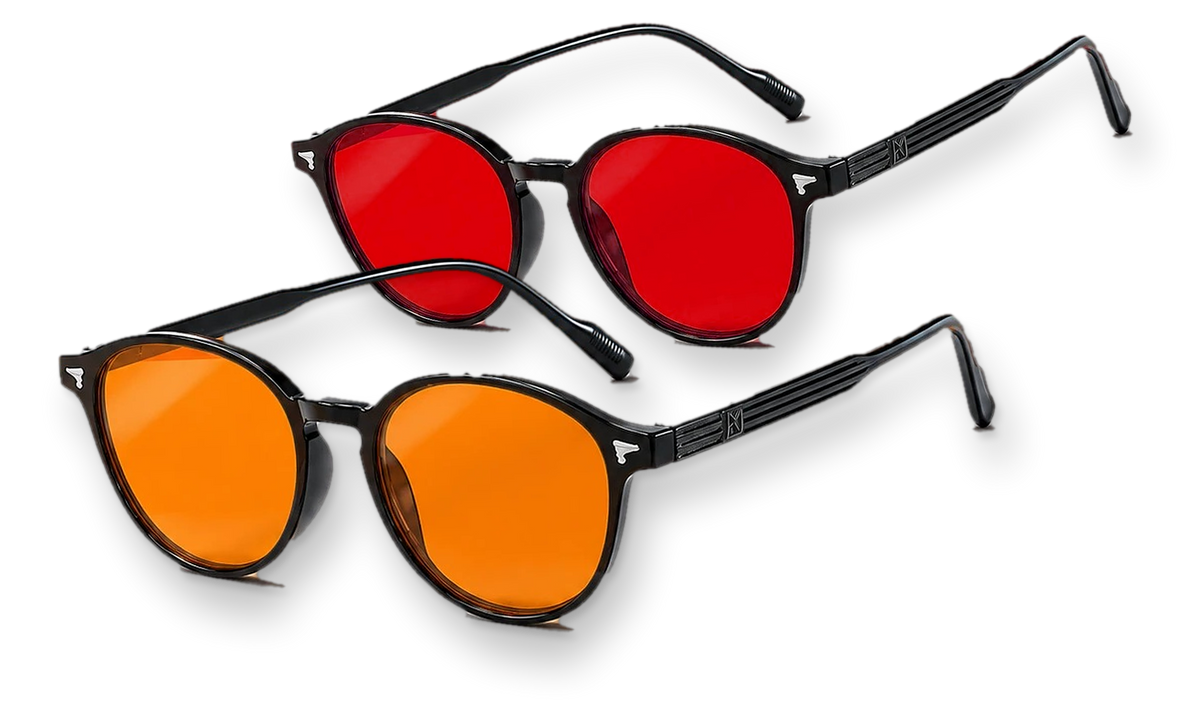 Le duo moodim : une paire à verres orange et une paire à verres rouges