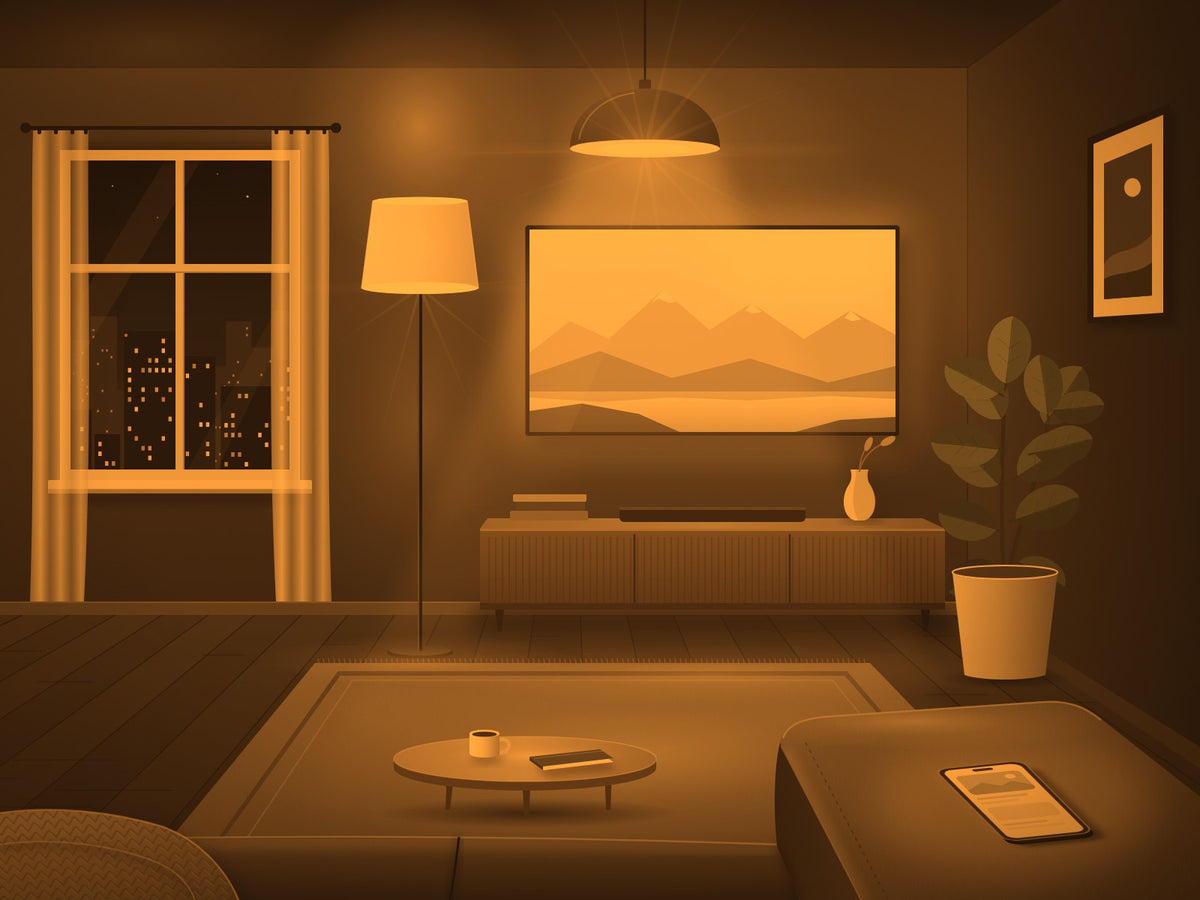 Le même salon vu à travers les verres orange (simulation)